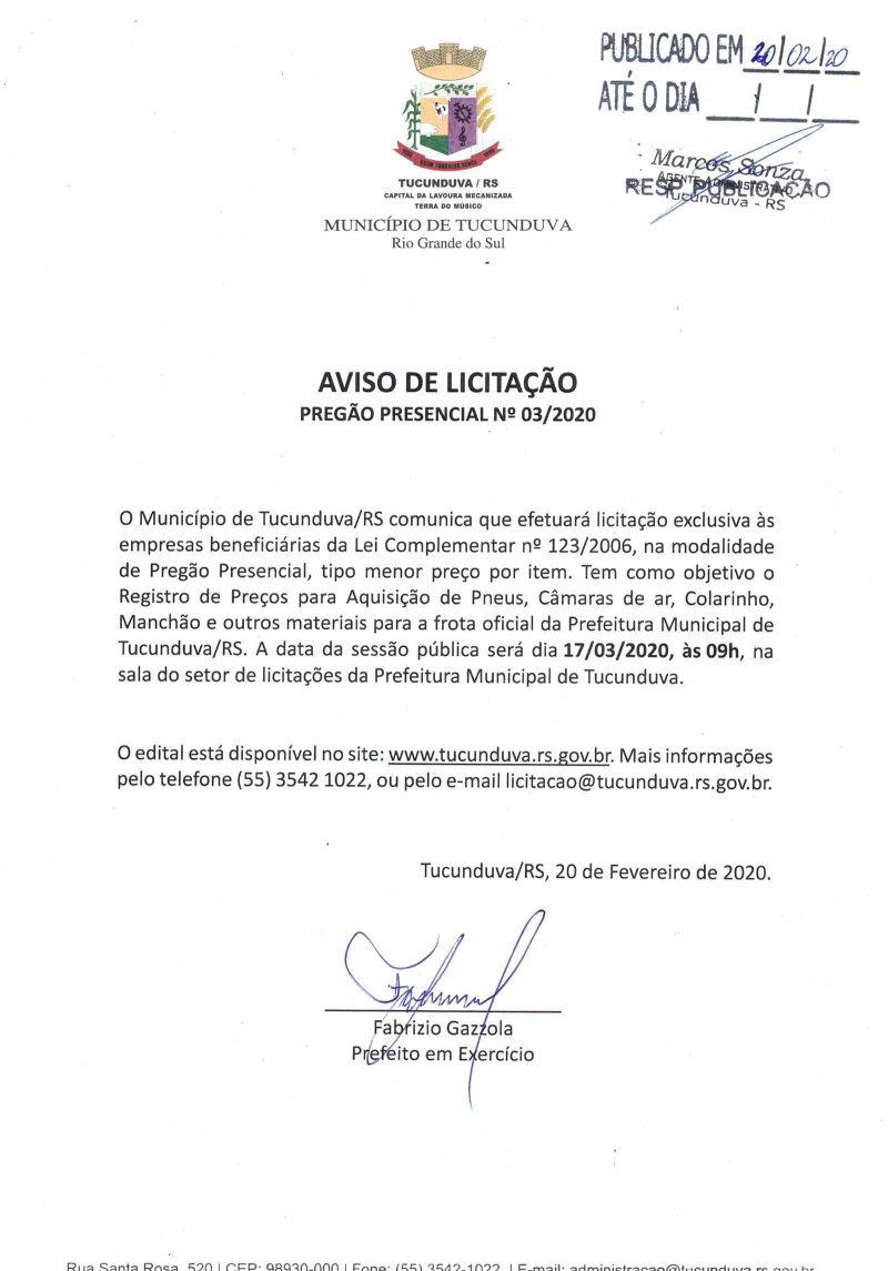 AVISO DE PP Nº 03/2020 SRP AQUIS PNEUS, CÂMARAS DE AR E OUTROS ITENS